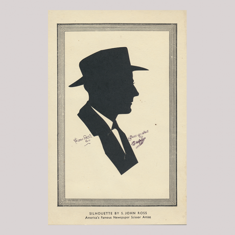 
        Front of silhouette, with man looking right, in suit and wearing a hat, in square painted frame.